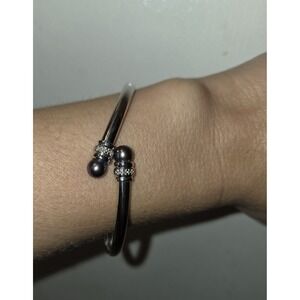 10k White Gold Tahitian Pearl And Small Diamond Bypass Bangle Bracelet. Flexible